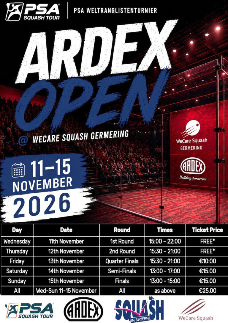 Turnierplakat ARDEX Open @ WeCare Squash Germering, 11. bis 15. November 2026
